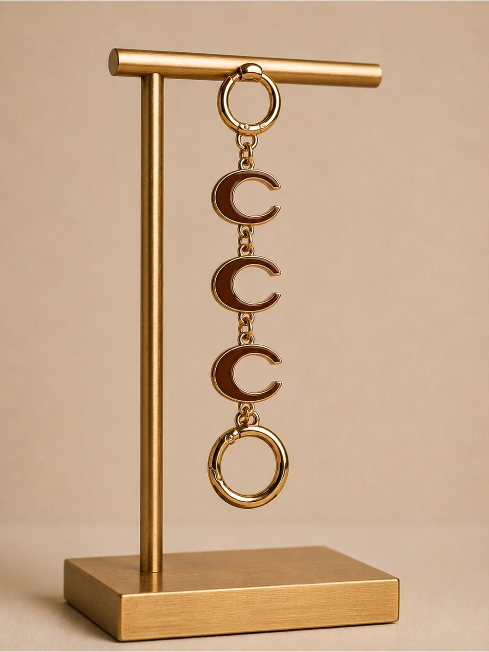 Gold-tone Charm Keychain/ bag charm/ bag extender with Brown Enamel 'C' Accents